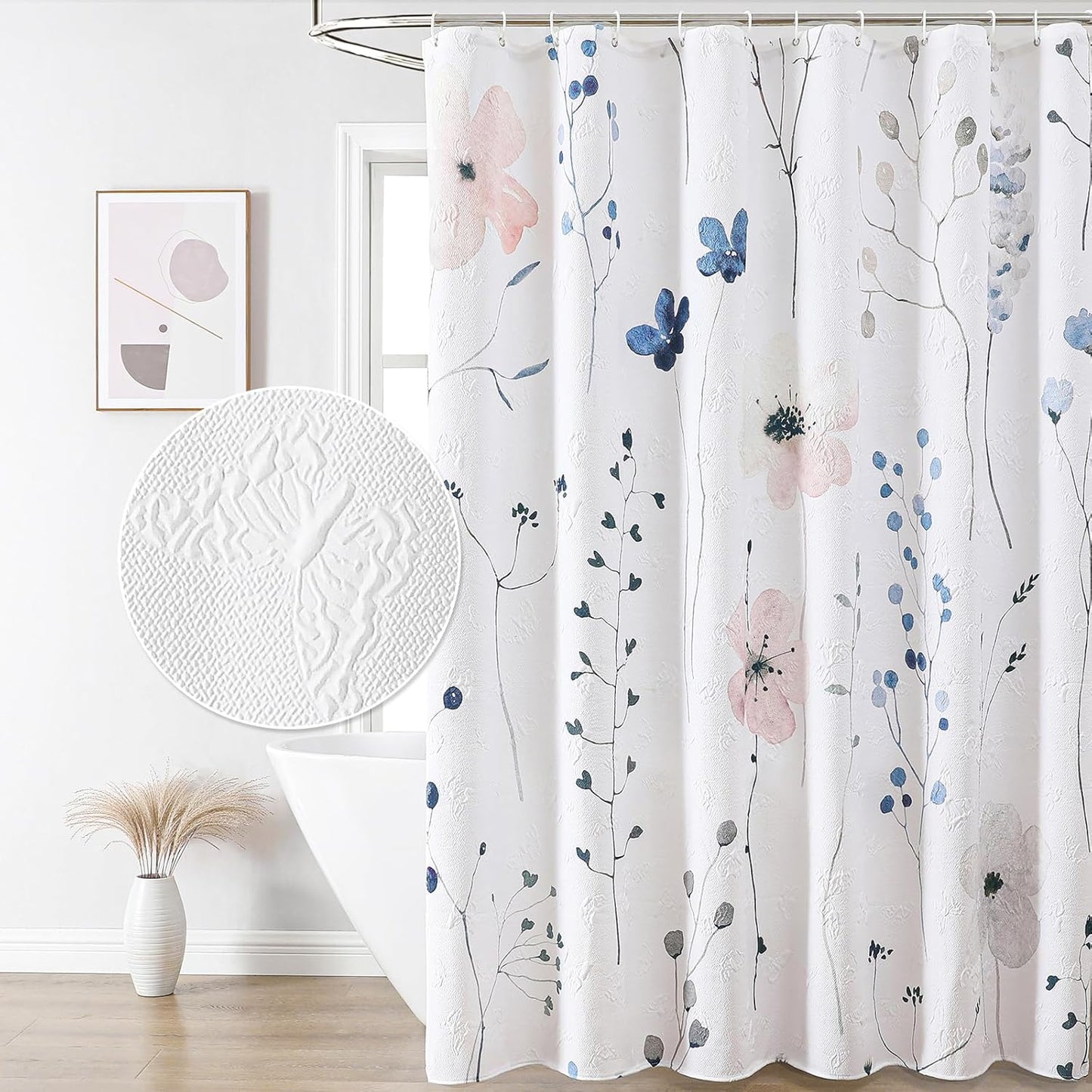 Watercolor Floral Shower Curtain, 3D Embossed Butterflies Grey Beige Flower Bathroom Curtains, Minimalist White Cloth Bath Curtain, Waterproof Fabric Textured Shower Curtain Set with Hooks, 72x72