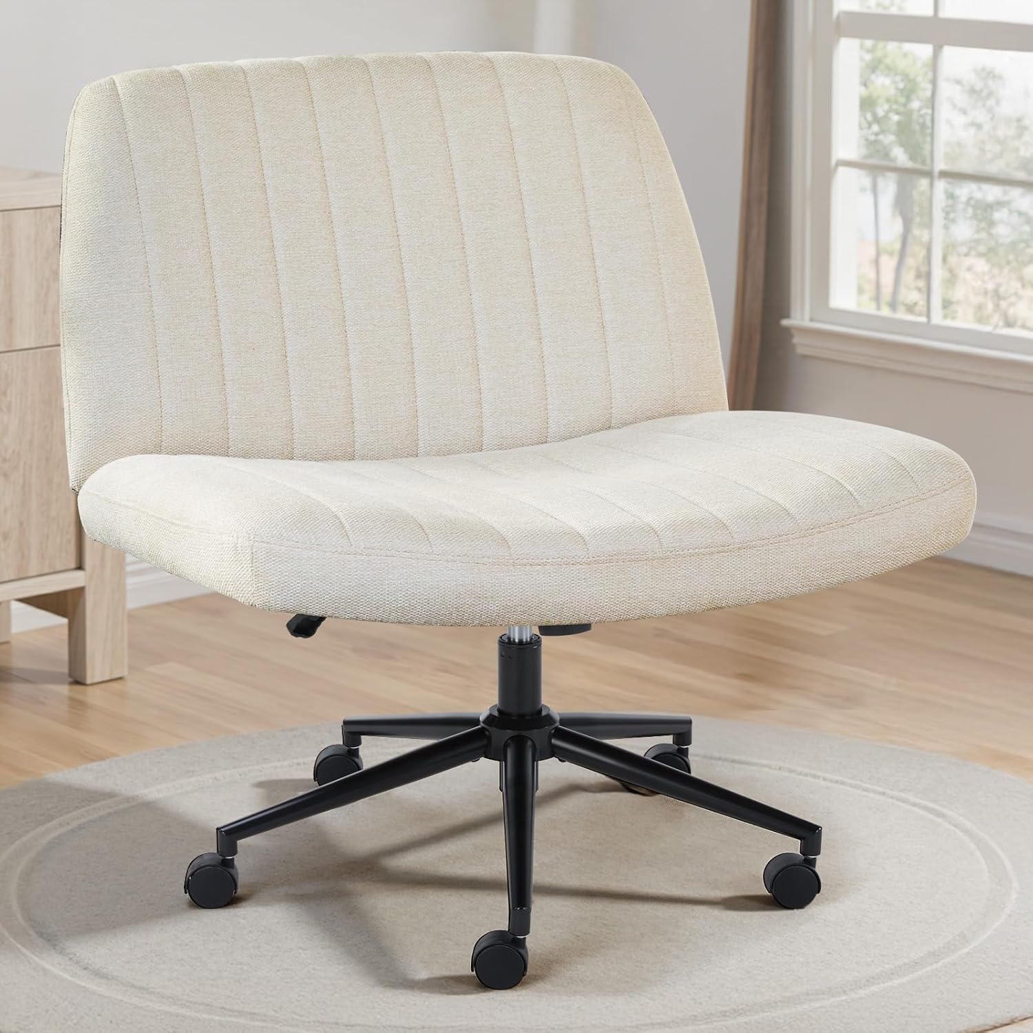 Criss Cross Chair with Wheels Wide Cross Legged Office Desk Vanity Chair Comfy Fabric Armless Adjustable Swivel for Home Computer Task Teddy Pink