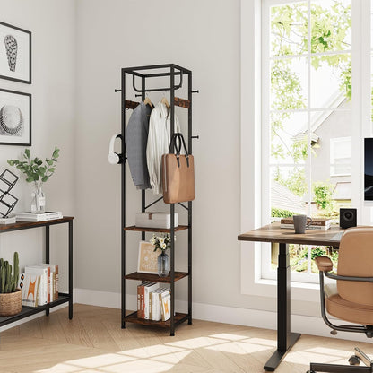 Coat Rack Freestanding, Hall Tree with 3 Storage Shelves and 12 Hooks, Industrial Clothes Rack Stand Organizer for Bedroom, Hallway, Entryway, Office, Living Room, Rustic Brown