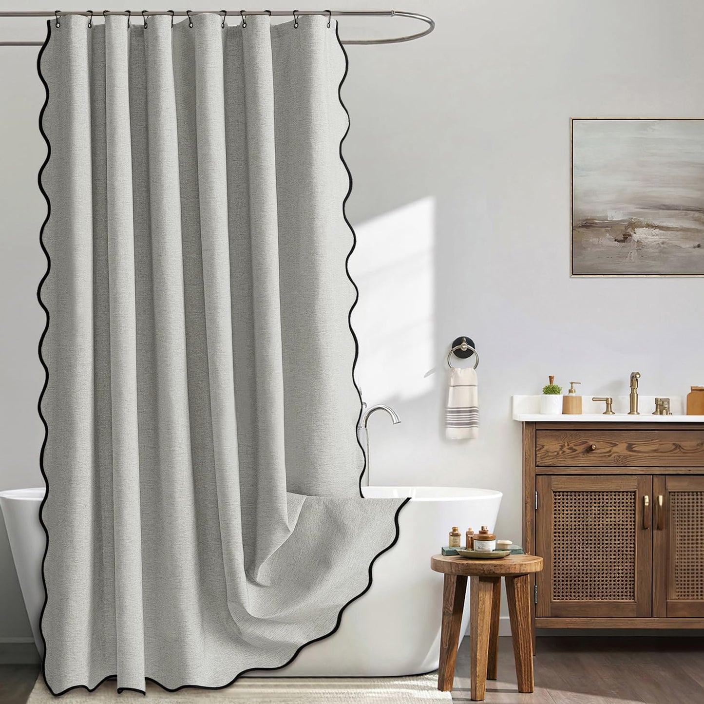 Beige Scalloped Shower Curtain Linen Textured with 12 Metal Hooks Cute Heavy Duty Washable Waterproof Neutral Thick Cloth Shower Curtains with Black Border for Bathroom Bathtub,W72*L72 Cream