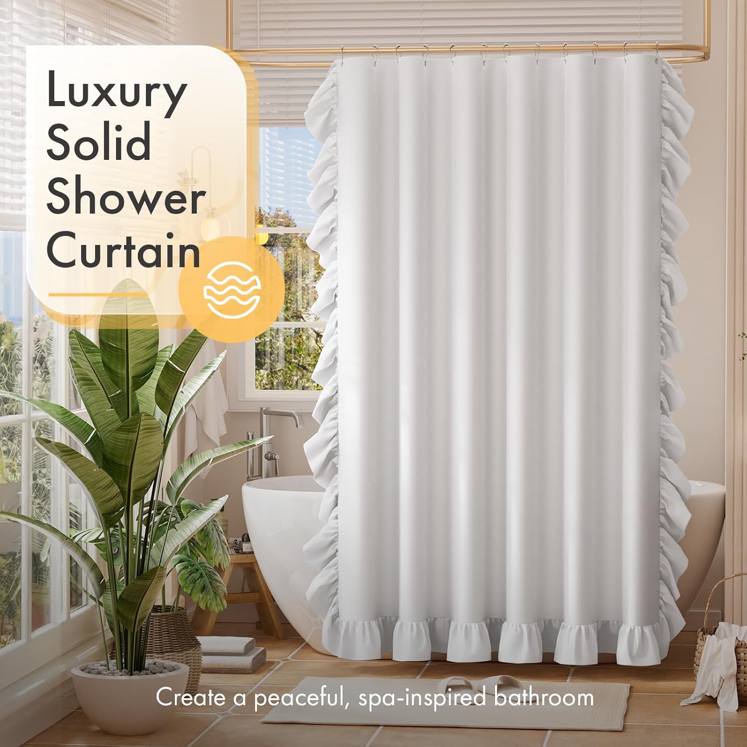Ruffle Shower Curtain with Three-Side Ruffle, Solid White Farmhouse Curtains, Soft Flowy Layered Fabric, Elegant Spa Style, Clean Minimal Look, Water Repellent,12 Metal Hooks, 72" W x 72" L