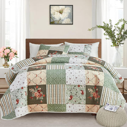 Quilt Set Full/Queen Size, 3 Pieces Green Floral Plaid Summer Bedspread Coverlet Set, Soft Microfiber Reversible Lightweight Bed Cover for All Season (90" x 90", 1 Quilt+ 2 Pillow Shams)