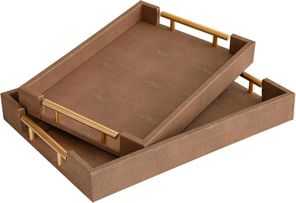 Modern Decorative Tray Set of 2 Ivory Shagreen Leather and Wood Serving Tray with Gold Polished Metal Handles for Ottoman, Coffee Table, Bathroom and More