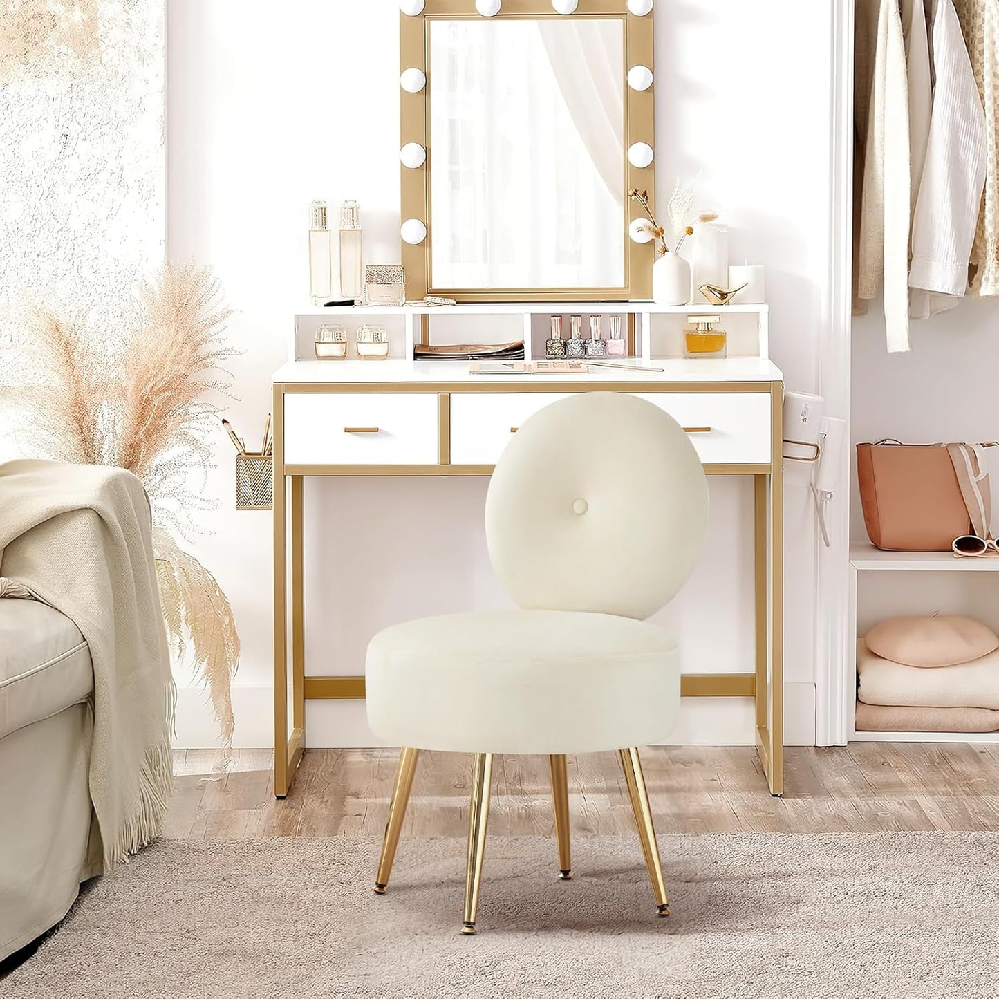 Armless Vanity Chair for Makeup Room, Velvet Vanity Stool with Back, Living Room Chair with Solid Metal Legs for Bedroom, Study Room, Vanity(Khaki)