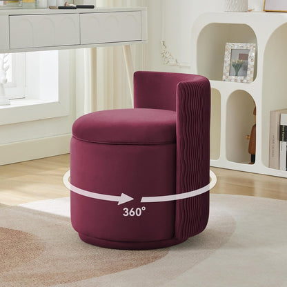 Velvet Vanity Chair with Storage, 360° Swivel Makeup Chair with Wave Back, No Assembly Small Accent Stool for Bedroom, Dressing, Living Room, White