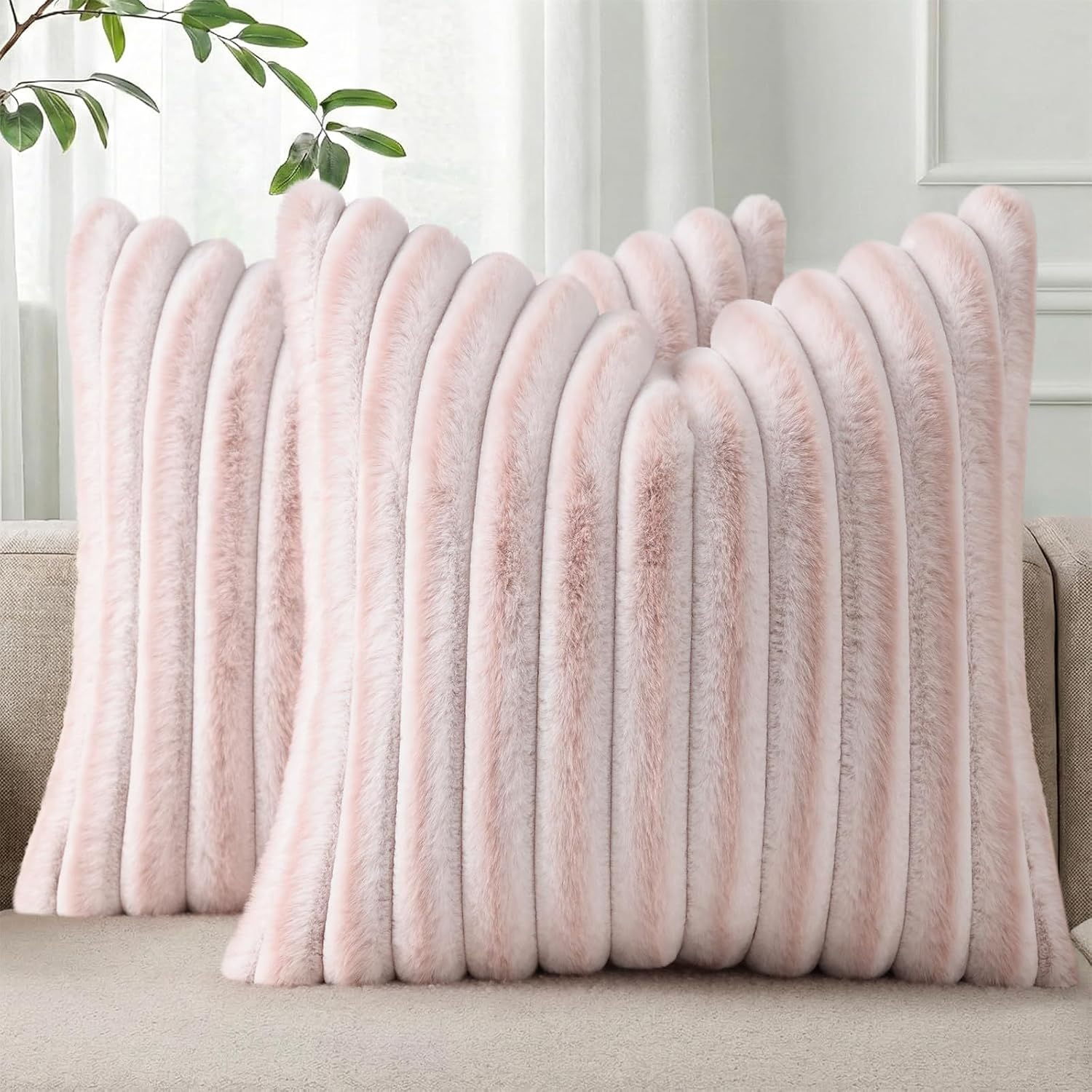Pallene Faux Fur Plush Throw Pillow Covers 18x18 Set of 2, Luxury Soft Fluffy Striped Decorative Pillow Covers for Sofa, Couch, Living Room, Cream White