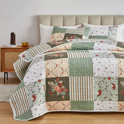 Quilt Set Full/Queen Size, 3 Pieces Green Floral Plaid Summer Bedspread Coverlet Set, Soft Microfiber Reversible Lightweight Bed Cover for All Season (90" x 90", 1 Quilt+ 2 Pillow Shams)