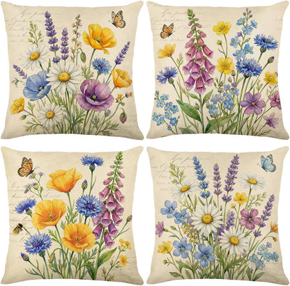 wyooxoo Throw Pillow Covers 18x18 Set of 4 Decorative Spring Pillow Covers Linen Flower Butterfly Farmhouse Pillowcases for Sofa Couch Living Room Outdoor