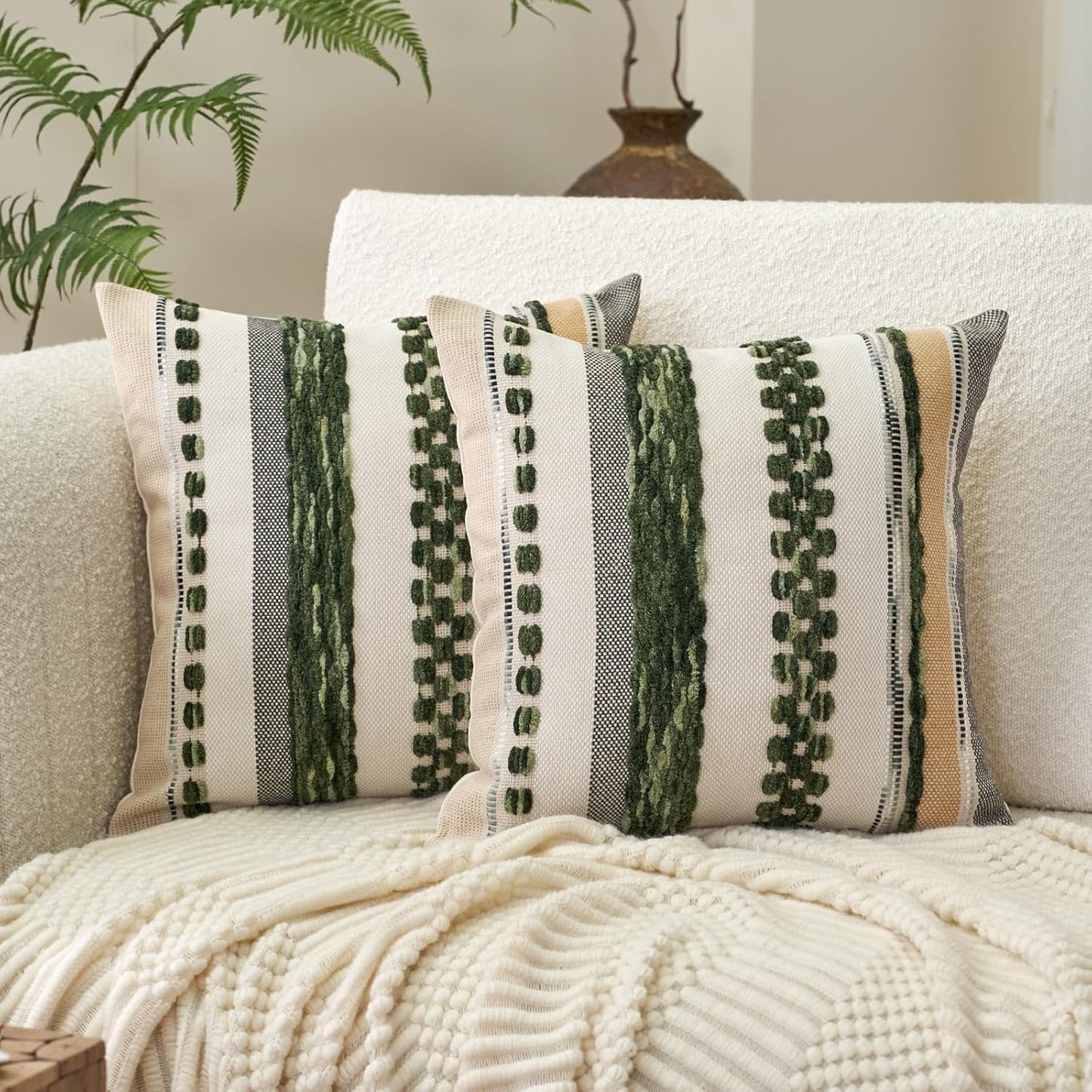 Aeckself Boho Throw Pillow Covers 18x18 Inch Set of 2, Farmhouse Decorative Striped Square Pillow Covers Chenille Tufted Pillow Cases Accent Neutral Pillowcase for Living Room Couch Bed, Orange White