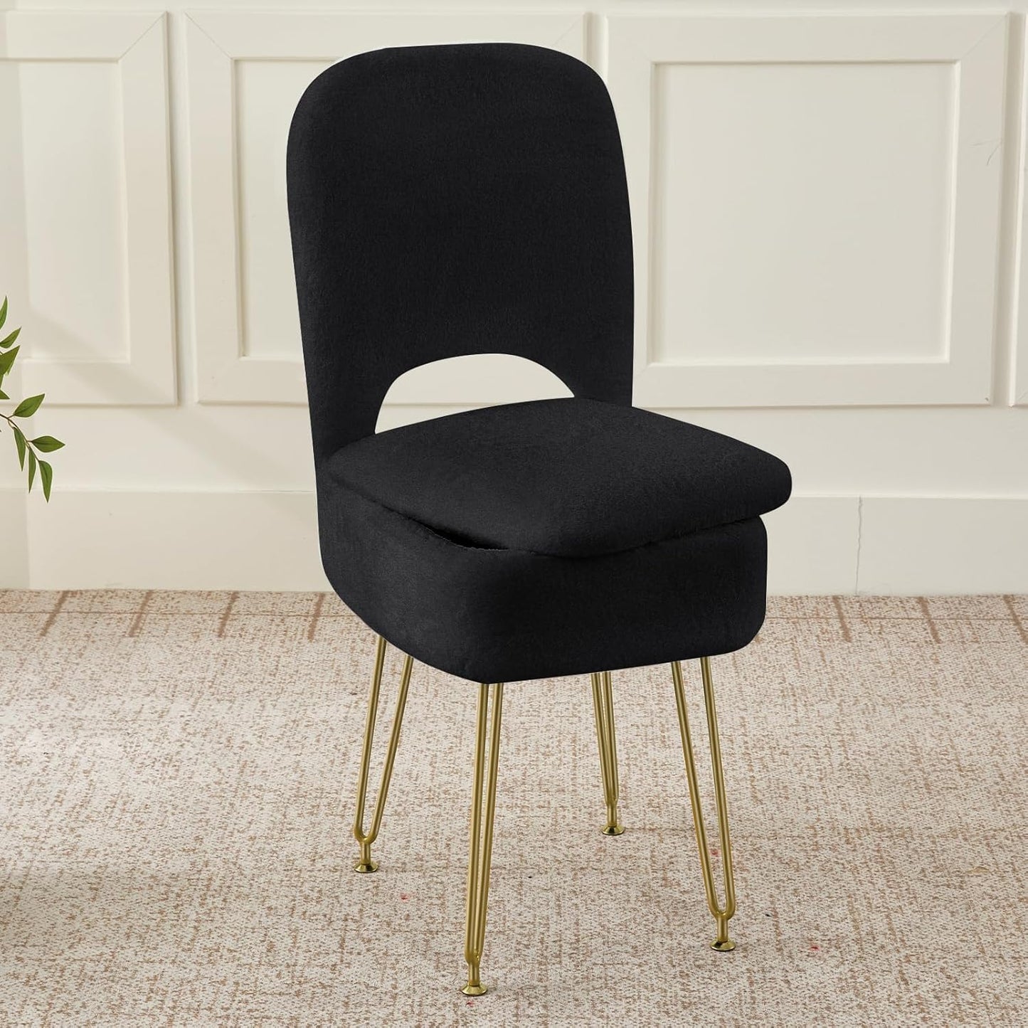 Vanity Chair with Storage and Folding Back, Faux Fur Square Storage Chair, Vanity Stool Chair with 4 Metal Legs for Bedroom, Living Room and Makeup Stations, 13.4"x 15"x 30", White