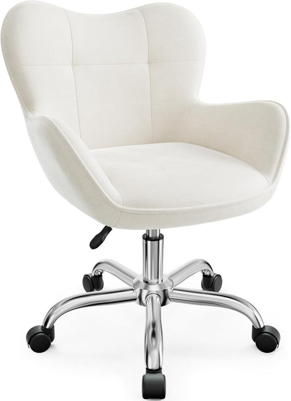 Vanity Chair with Wheels, Cute Home Office Desk Chairs Adjustable Height for Living Bedroom, Small Modern Fluffy Velvet Makeup Chair with Back for Girls (White)