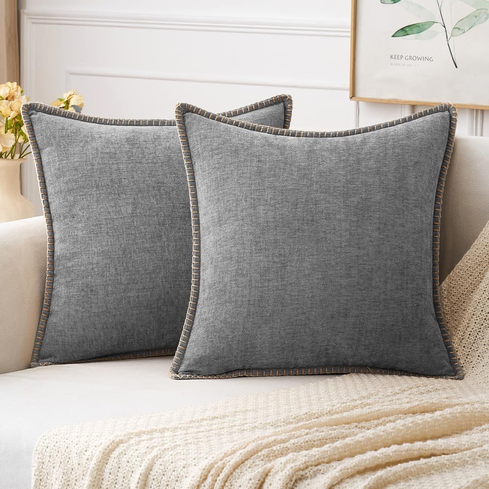 MIULEE Pack of 2 Couch Throw Pillow Covers 18x18 Inch Sage Green Farmhouse Decorative Pillow Covers with Stitched Edge Soft Chenille Solid Dyed Summer Pillow Covers for Sofa Bed Living Room