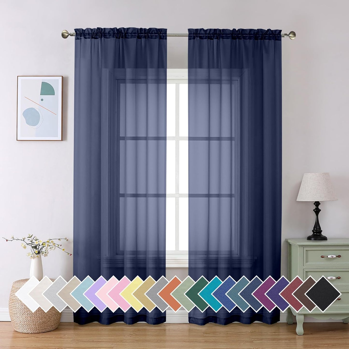 Sheer Navy Blue Curtains 84 inch Length 2 Panels Set, Airy Soft-Touching Rod Pocket Voile Drapes for Living Room/Bedroom, Each 40W x 84L