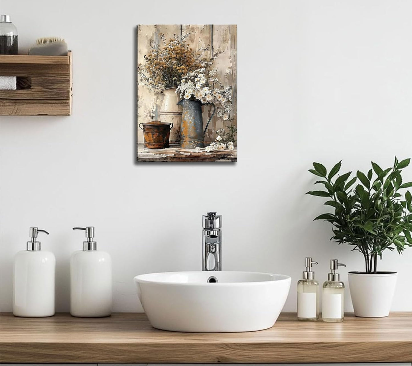 Farmhouse Rustic Daisy Canvas Wall Art Vintage Country Floral Posters Print White Jasmine Flowers and Rust Color Watering Can Wall Decor Picture for Living Room Bedroom Bathroom Decoration
