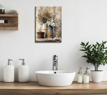 Farmhouse Rustic Daisy Canvas Wall Art Vintage Country Floral Posters Print White Jasmine Flowers and Rust Color Watering Can Wall Decor Picture for Living Room Bedroom Bathroom Decoration