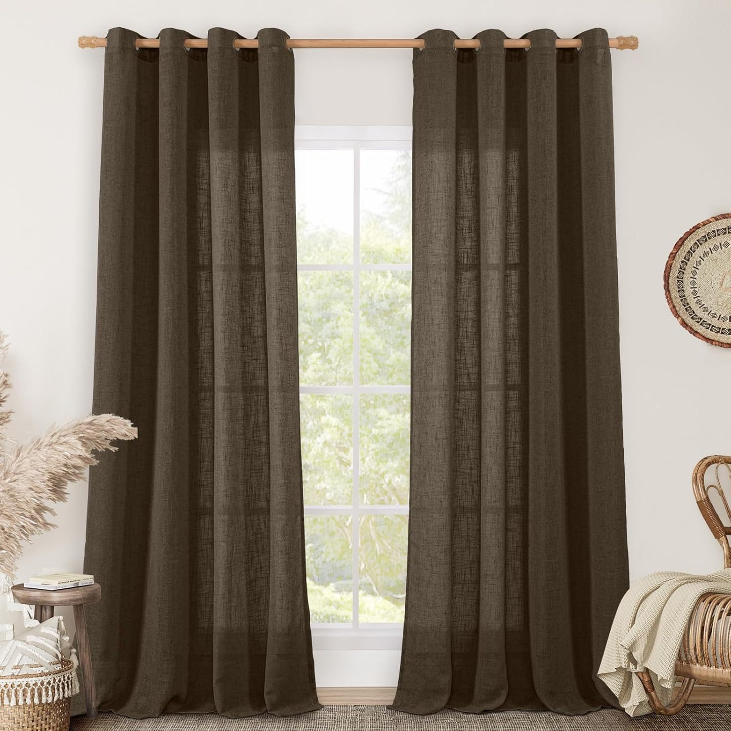 Natural Ivory Linen Semi Sheer Curtains 84 inch Length, Cream Light Filtering Soft Thick Neutral Living Room Drapes with Bronze Grommet for Bedroom/Farmhouse, 2 Panels, 52 x 84 Inch