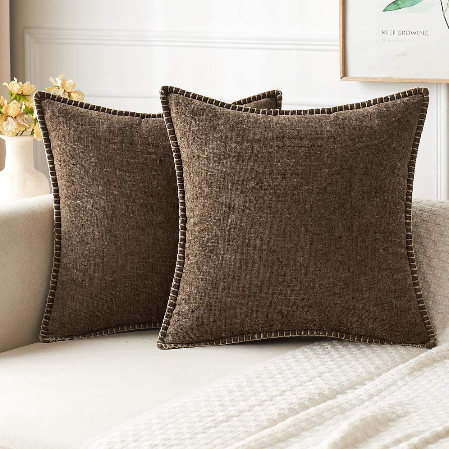 MIULEE Pack of 2 Couch Throw Pillow Covers 18x18 Inch Sage Green Farmhouse Decorative Pillow Covers with Stitched Edge Soft Chenille Solid Dyed Summer Pillow Covers for Sofa Bed Living Room