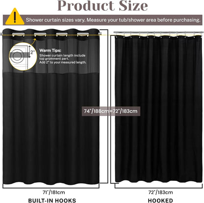 No Hook Slub Textured Shower Curtain with Snap in Liner - Black Fabric Outer Curtain & Waterproof Inner Liner, Hotel Style with See Through Top Window, 71x74 in