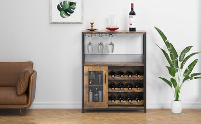 3-Tier Wine Bar Cabinet with Detachable Wine Rack and Storage Space, Buffet Cabinet with Glass Holder and Mesh Door, for Kitchen, Living Room and Bar .Rustic Brown.