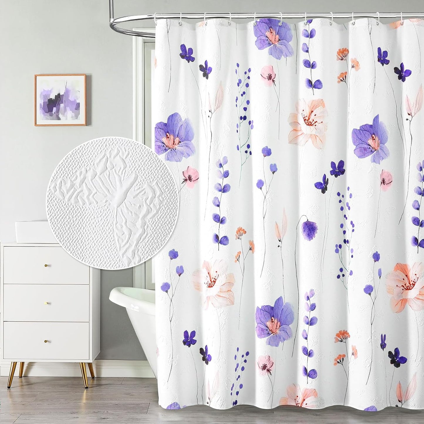 Watercolor Floral Shower Curtain, 3D Embossed Butterflies Grey Beige Flower Bathroom Curtains, Minimalist White Cloth Bath Curtain, Waterproof Fabric Textured Shower Curtain Set with Hooks, 72x72