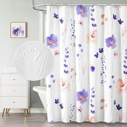 Watercolor Floral Shower Curtain, 3D Embossed Butterflies Grey Beige Flower Bathroom Curtains, Minimalist White Cloth Bath Curtain, Waterproof Fabric Textured Shower Curtain Set with Hooks, 72x72