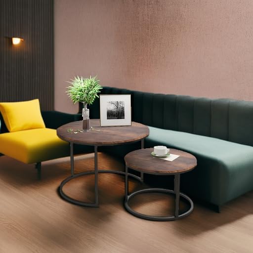 HOJINLINERO Round Coffee Table,Nesting Coffee Table Set of 2,Center Tables for Living Room,Office, Home Small Space,Stacking Side Tables,Sturdy and Easy Assembly,Wood Desktop,Brown,Large