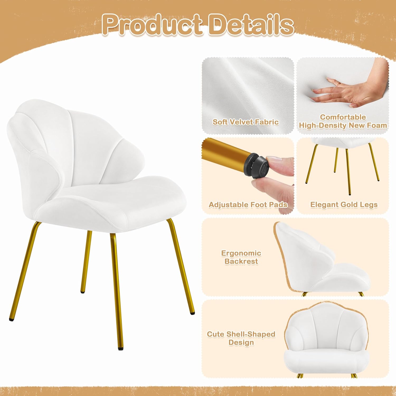 Vanity Chair, Velvet Accent Chair with Shell-Shaped Backrest, Modern Armchair with Gold Metal Legs for Dressing Room/Bedroom/Living Room, White