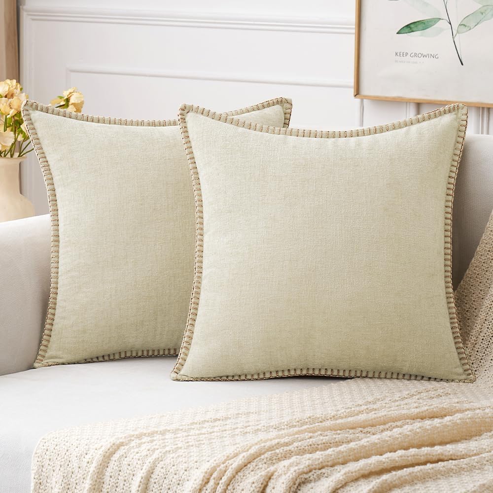 MIULEE Pack of 2 Couch Throw Pillow Covers 18x18 Inch Sage Green Farmhouse Decorative Pillow Covers with Stitched Edge Soft Chenille Solid Dyed Summer Pillow Covers for Sofa Bed Living Room