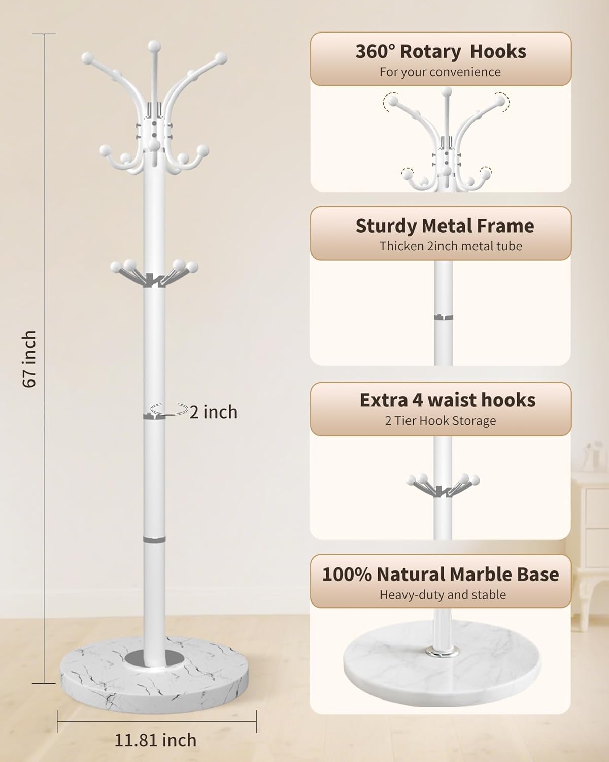 Metal Coat Rack with Natural Marble Base,360°Rotary Coat Rack Stand with 14 Hooks,Modern Freestanging Coat Racks,White Coat Jacket Hanger Clothes Tree Stand for Entryway,Corner