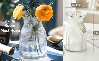 New 2026 Design Ribbed Glass Vase Wide - 8 Inch Tall Ribbed Vase for Wedding Reception, Home Decor, Housewarming Gift (Clear) Decorative Flower Vases - Bud Vase for Centerpieces Cylinder Vases