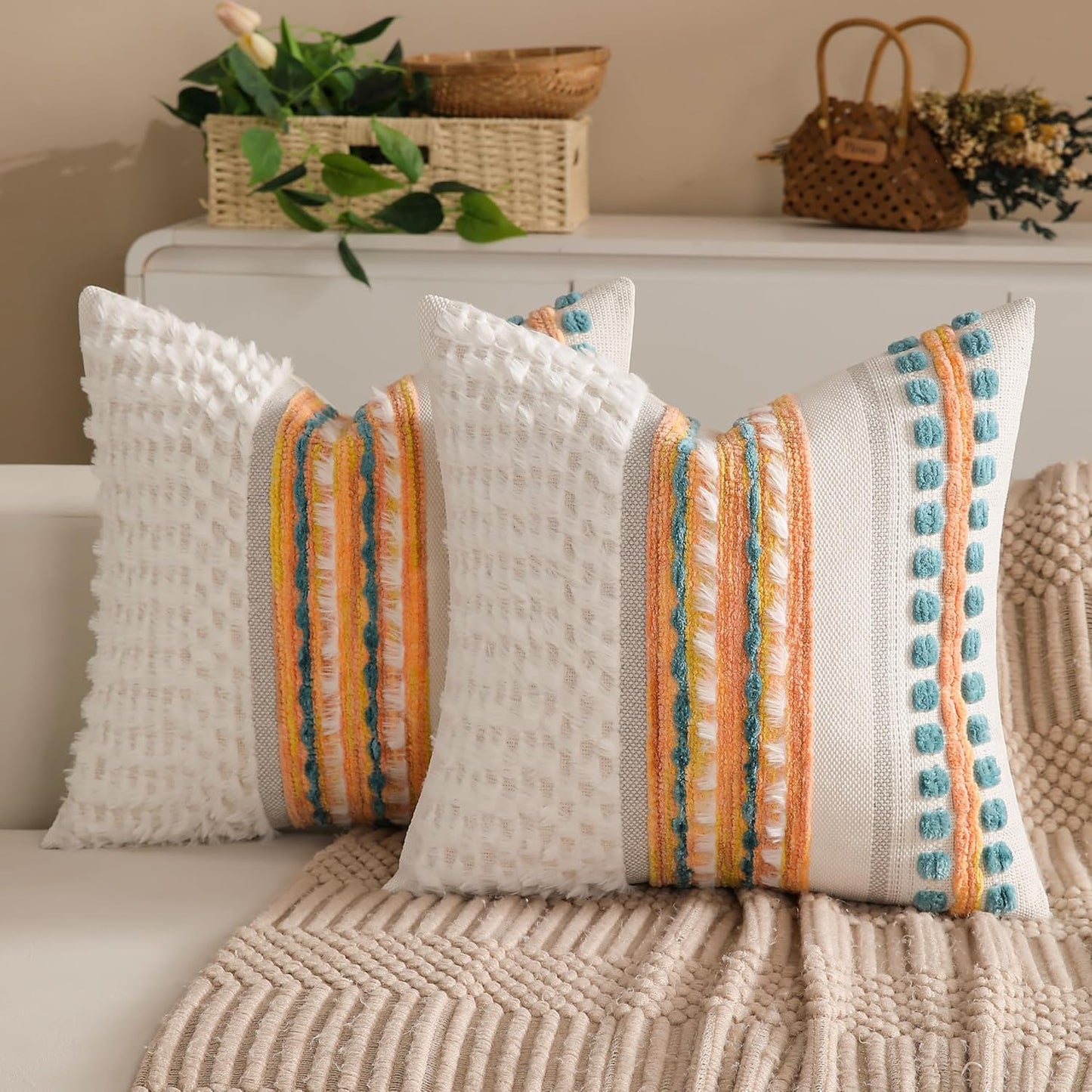 Boho Chenille Tufted Couch Throw Pillow Covers 18x18 Inch Set of 2 Farmhouse Striped Decorative Pillow Covers Accent Neutral Square Pillowcase Green Cushion Covers for Livingroom Sofa Bed
