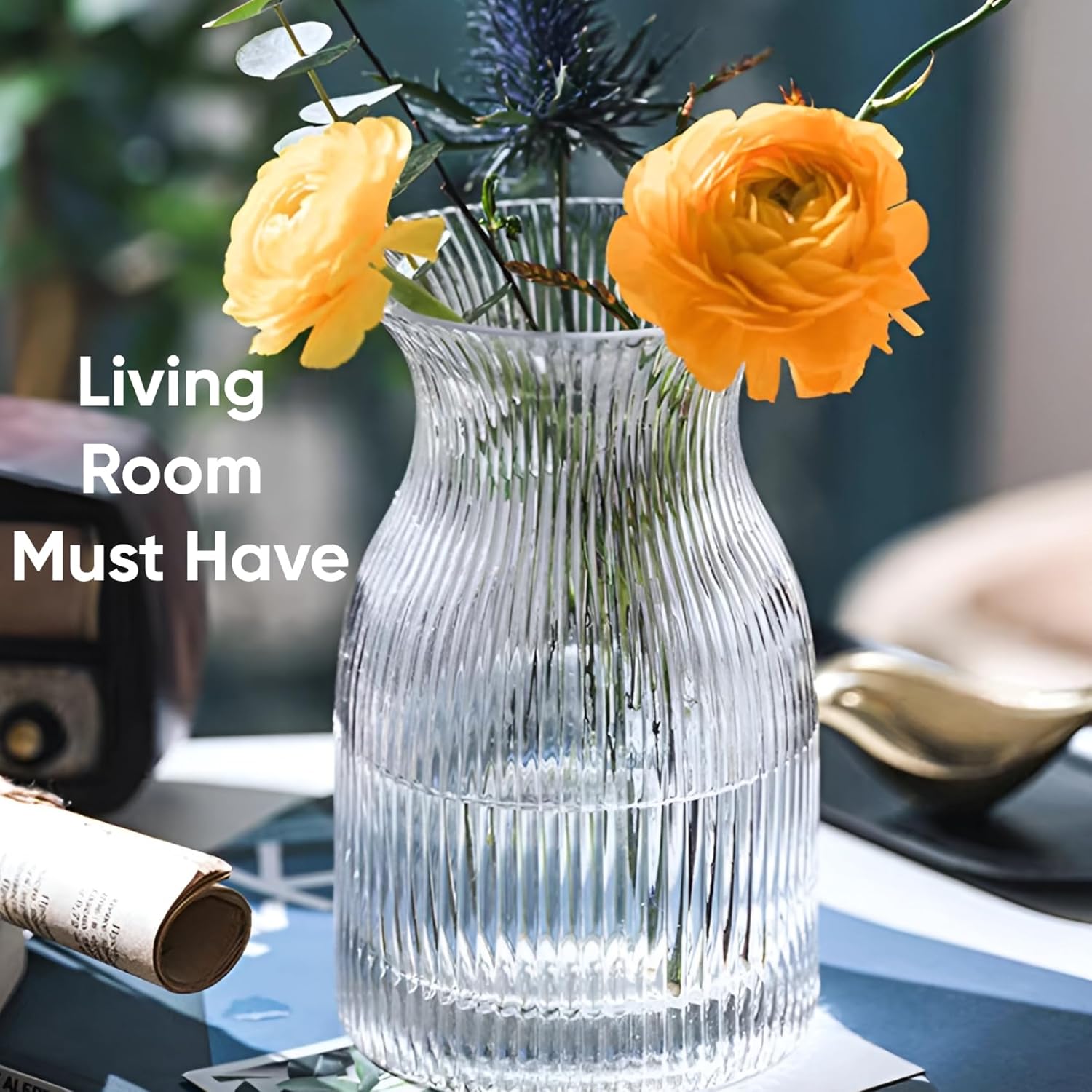 New 2026 Design Ribbed Glass Vase Wide - 8 Inch Tall Ribbed Vase for Wedding Reception, Home Decor, Housewarming Gift (Clear) Decorative Flower Vases - Bud Vase for Centerpieces Cylinder Vases