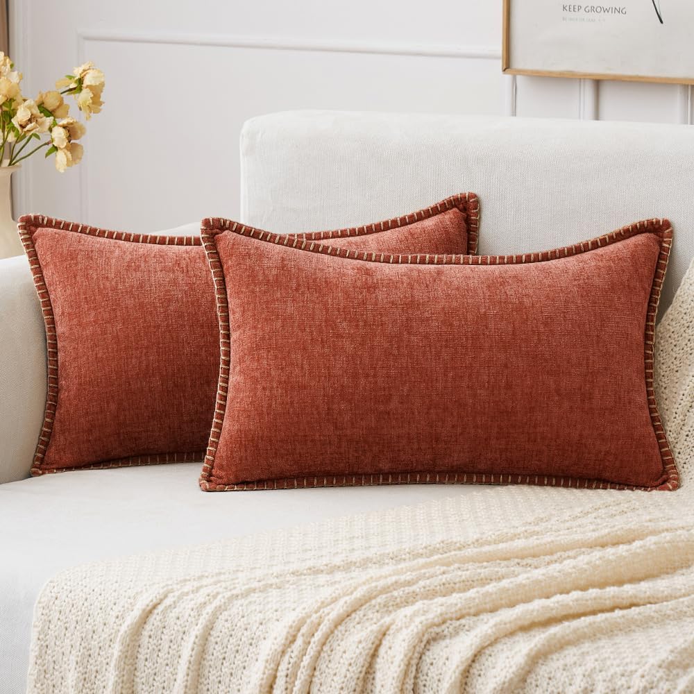 MIULEE Pack of 2 Couch Throw Pillow Covers 18x18 Inch Sage Green Farmhouse Decorative Pillow Covers with Stitched Edge Soft Chenille Solid Dyed Summer Pillow Covers for Sofa Bed Living Room