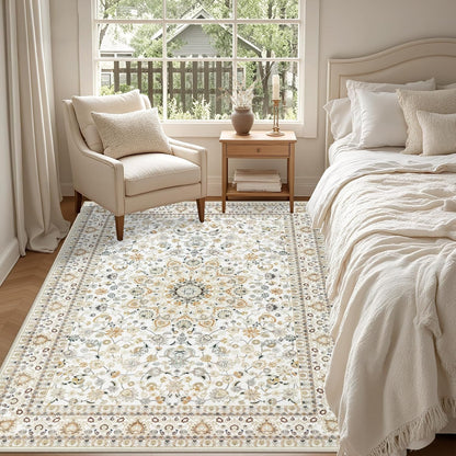 5x7 Area Rugs Living Room Rug: Washable Vintage Boho Rug No Slip Stain Resistant Soft Carpet Indoor Floor Floral Large Carpets for Bedroom Dining Room Farmhouse Nursery Hallway Home Office Beige