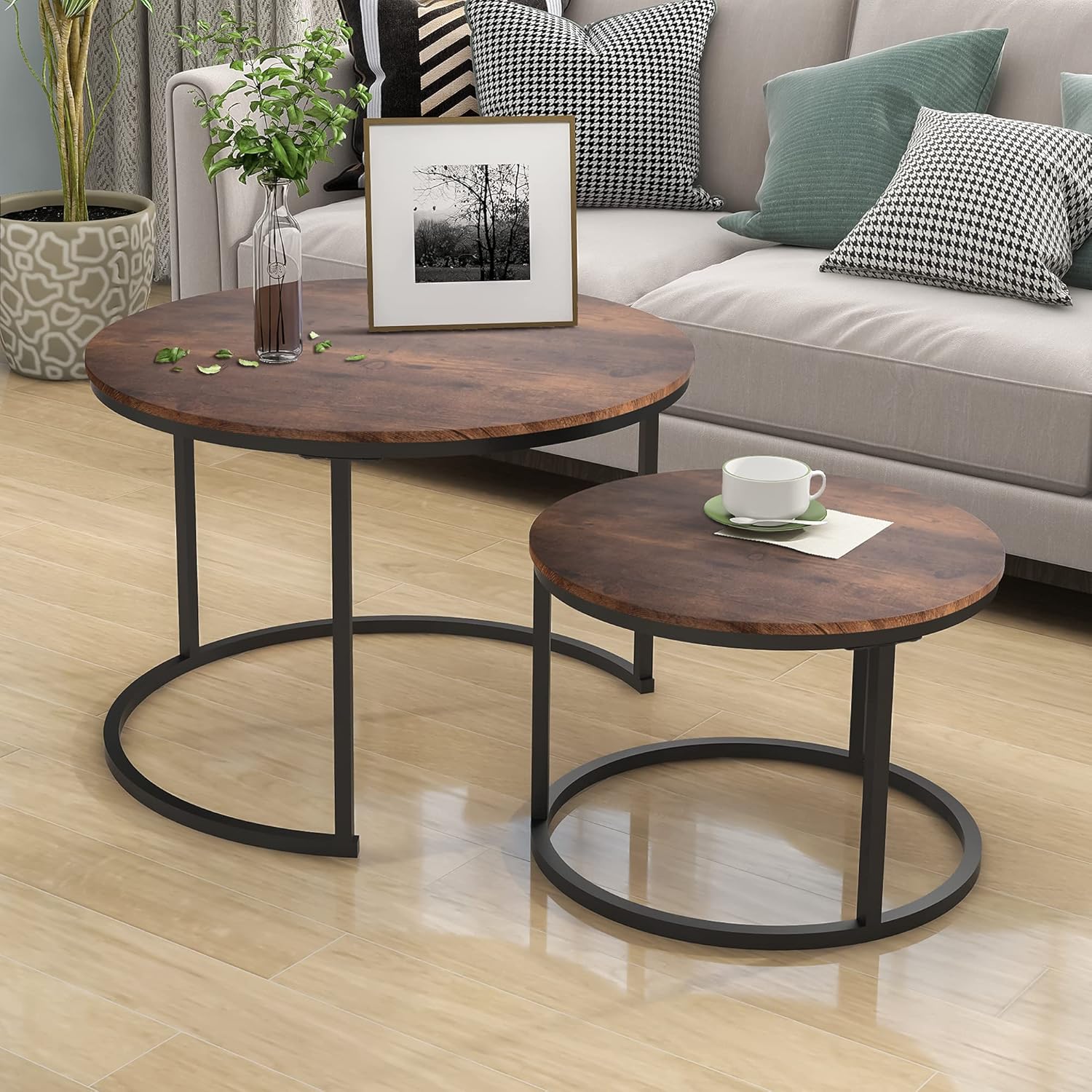 HOJINLINERO Round Coffee Table,Nesting Coffee Table Set of 2,Center Tables for Living Room,Office, Home Small Space,Stacking Side Tables,Sturdy and Easy Assembly,Wood Desktop,Brown,Large