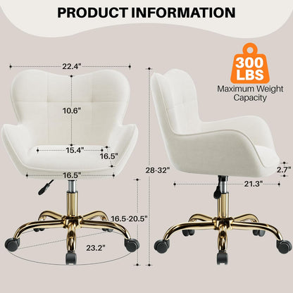 Vanity Chair with Wheels, Cute Home Office Desk Chairs Adjustable Height for Living Bedroom, Small Modern Fluffy Velvet Makeup Chair with Back for Girls (White)