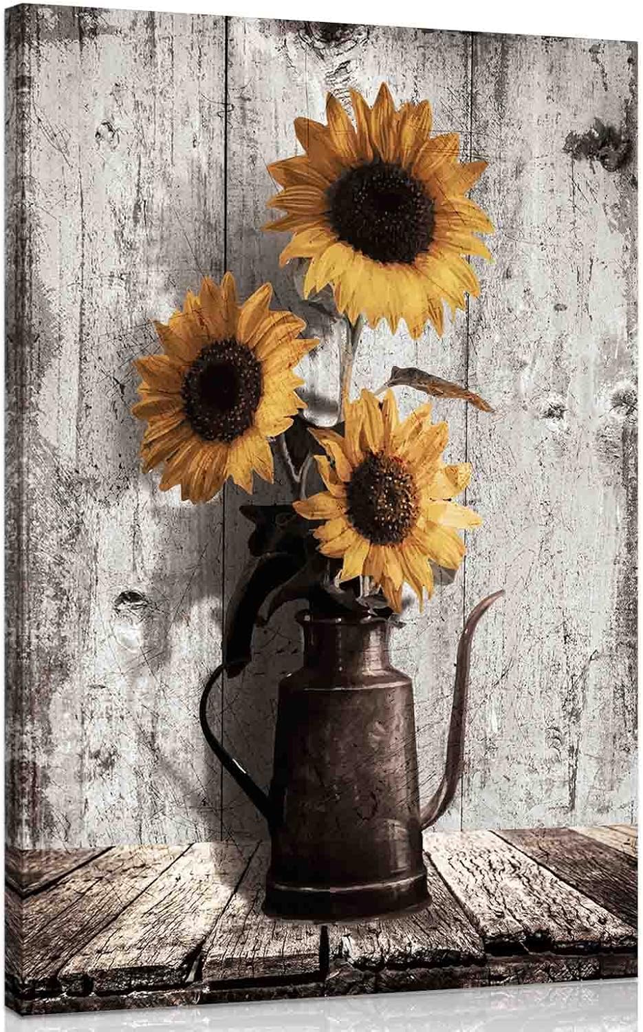 Rustic Sunflower Canvas Wall Art: Vintage Flower Picture Print Farmhouse Wall Decor - Floral Pot Decorative Poster Framed Artwork Decoration for Bedroom Home Office Ready to Hang 10" x 15"