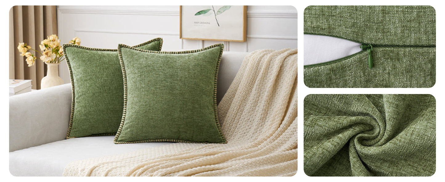 MIULEE Pack of 2 Couch Throw Pillow Covers 18x18 Inch Sage Green Farmhouse Decorative Pillow Covers with Stitched Edge Soft Chenille Solid Dyed Summer Pillow Covers for Sofa Bed Living Room
