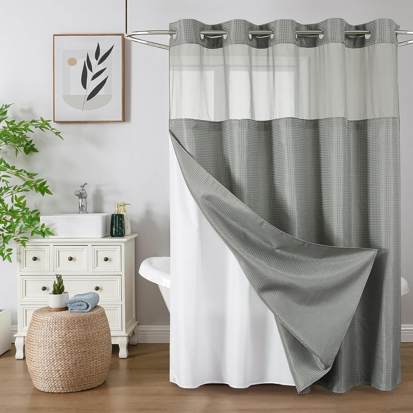No Hook Waffle Shower Curtain with Snap in Fabric, Waterproof Shower Curtains with See Through Top Window, Hotel Luxury Heavy Duty Bathroom Curtain and Liner Set, 72'' x 75'', Black