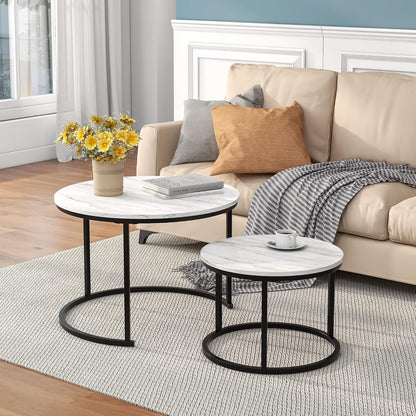 HOJINLINERO Round Coffee Table,Nesting Coffee Table Set of 2,Center Tables for Living Room,Office, Home Small Space,Stacking Side Tables,Sturdy and Easy Assembly,Wood Desktop,Brown,Large