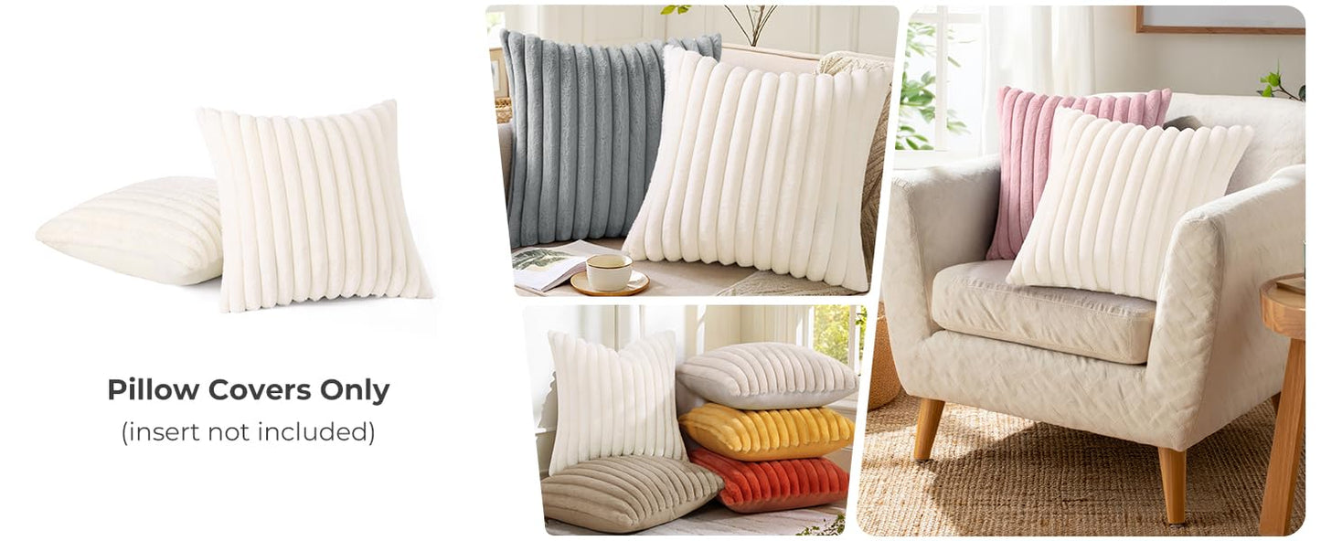 Pallene Faux Fur Plush Throw Pillow Covers 18x18 Set of 2, Luxury Soft Fluffy Striped Decorative Pillow Covers for Sofa, Couch, Living Room, Cream White