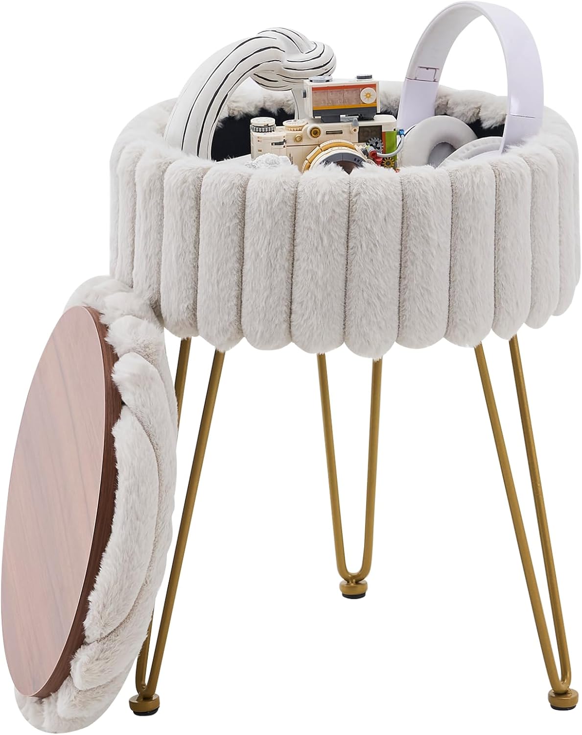 Vanity Stool with Storage, Faux Fur Ottoman Chair with Metal Legs, Round Makeup Vanity Chair for Bedroom or Dressing Table, Modern Small Ottoman Seat (Pink)