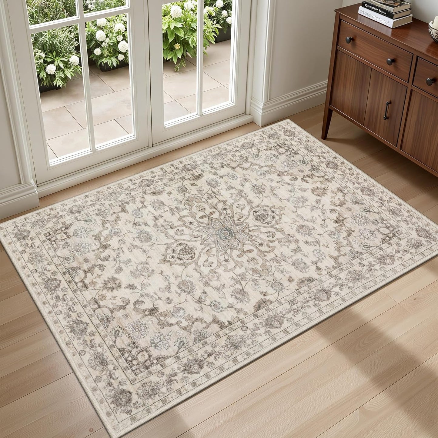 5x7 Area Rugs Living Room Rug: Washable Vintage Boho Rug No Slip Stain Resistant Soft Carpet Indoor Floor Floral Large Carpets for Bedroom Dining Room Farmhouse Nursery Hallway Home Office Beige