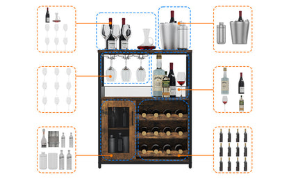 3-Tier Wine Bar Cabinet with Detachable Wine Rack and Storage Space, Buffet Cabinet with Glass Holder and Mesh Door, for Kitchen, Living Room and Bar .Rustic Brown.
