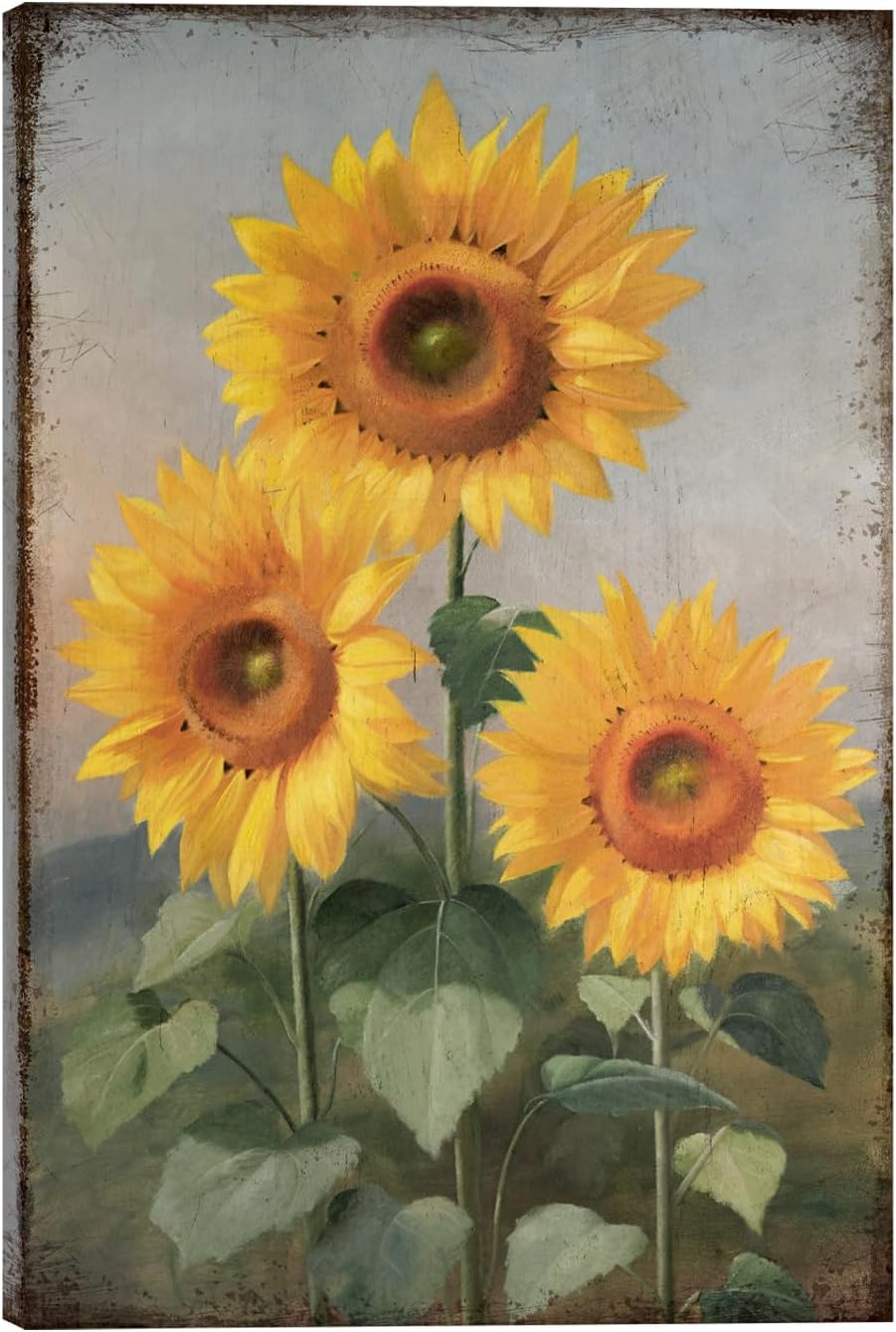 Rustic Sunflower Canvas Wall Art: Vintage Flower Picture Print Farmhouse Wall Decor - Floral Pot Decorative Poster Framed Artwork Decoration for Bedroom Home Office Ready to Hang 10" x 15"