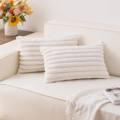 Pack of 2 Faux Fur Christmas Throw Pillow Covers 18x18 Inch, Soft Plush Striped Neutral Couch Pillow Cover, with Velvet Back Modern Home Decor for Sofa Living Room Couch Bed Cream White