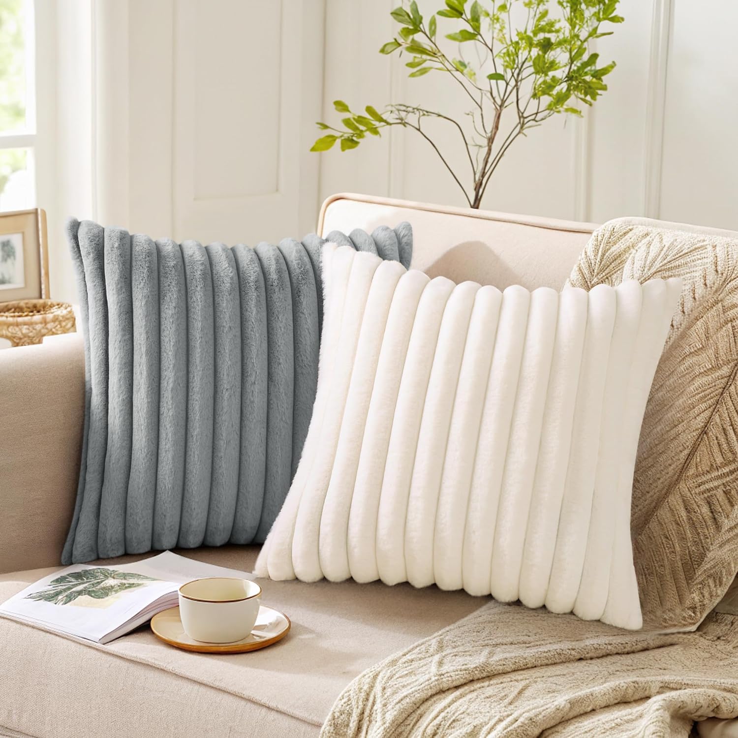 Pallene Faux Fur Plush Throw Pillow Covers 18x18 Set of 2, Luxury Soft Fluffy Striped Decorative Pillow Covers for Sofa, Couch, Living Room, Cream White