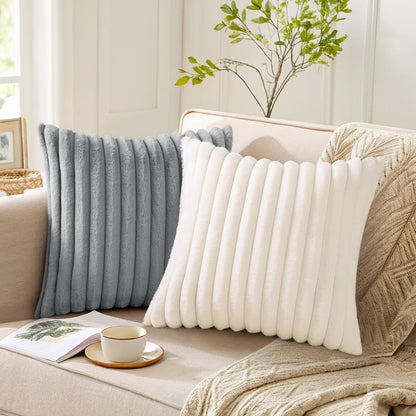 Pallene Faux Fur Plush Throw Pillow Covers 18x18 Set of 2, Luxury Soft Fluffy Striped Decorative Pillow Covers for Sofa, Couch, Living Room, Cream White
