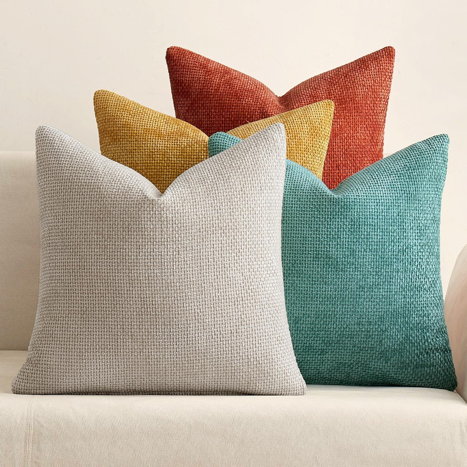 Pack of 4 Couch Throw Pillow Covers 18x18 Inch Neutral Blue Soft Decorative Chenille Pillow Covers Farmhouse Accent Cushion Covers for Boho Western Spring Coastal Decor Sofa Bed Living Room