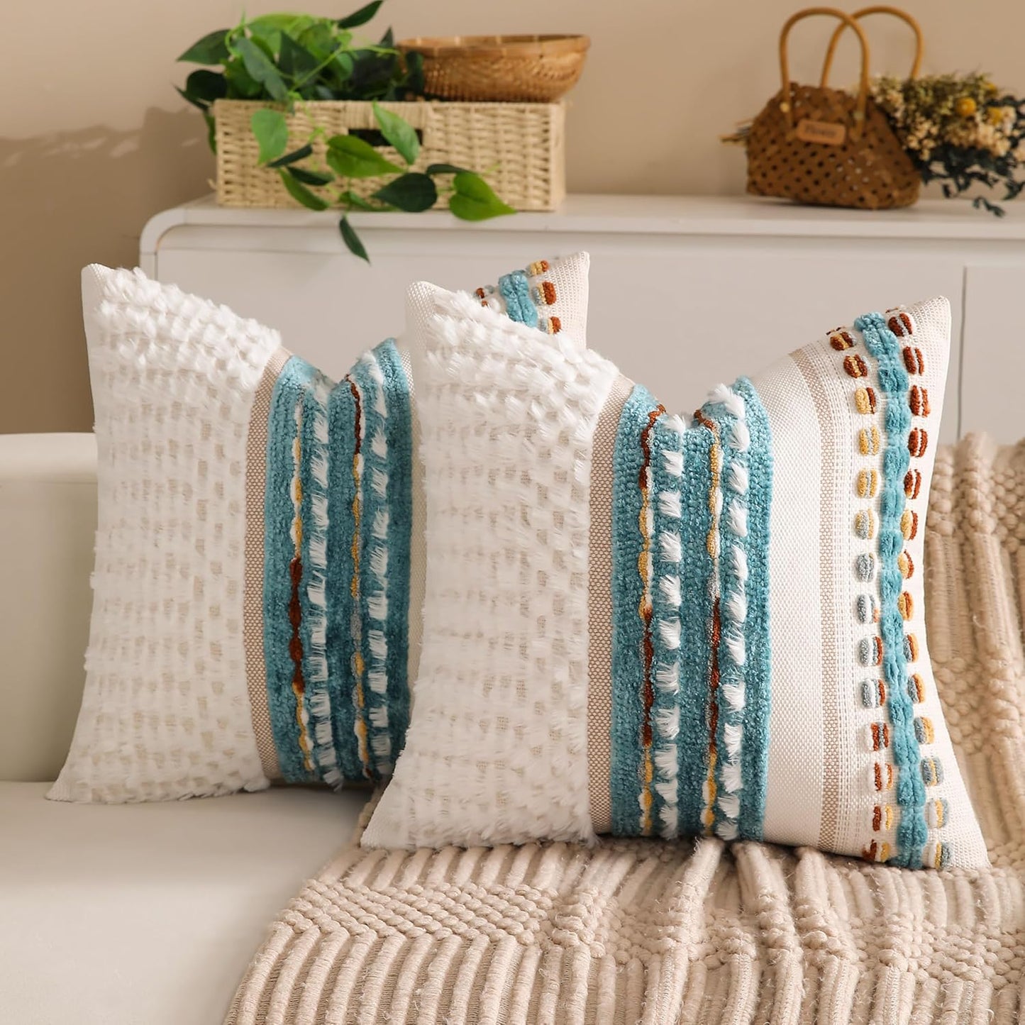 Boho Chenille Tufted Couch Throw Pillow Covers 18x18 Inch Set of 2 Farmhouse Striped Decorative Pillow Covers Accent Neutral Square Pillowcase Green Cushion Covers for Livingroom Sofa Bed